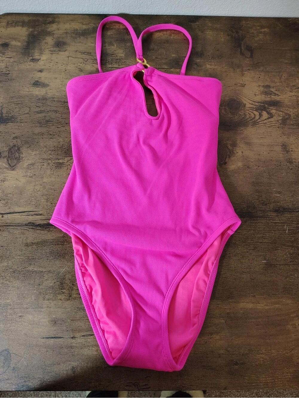 Fuisha Pink women's bathing Swim suit one piece Halter Eyelet sz S